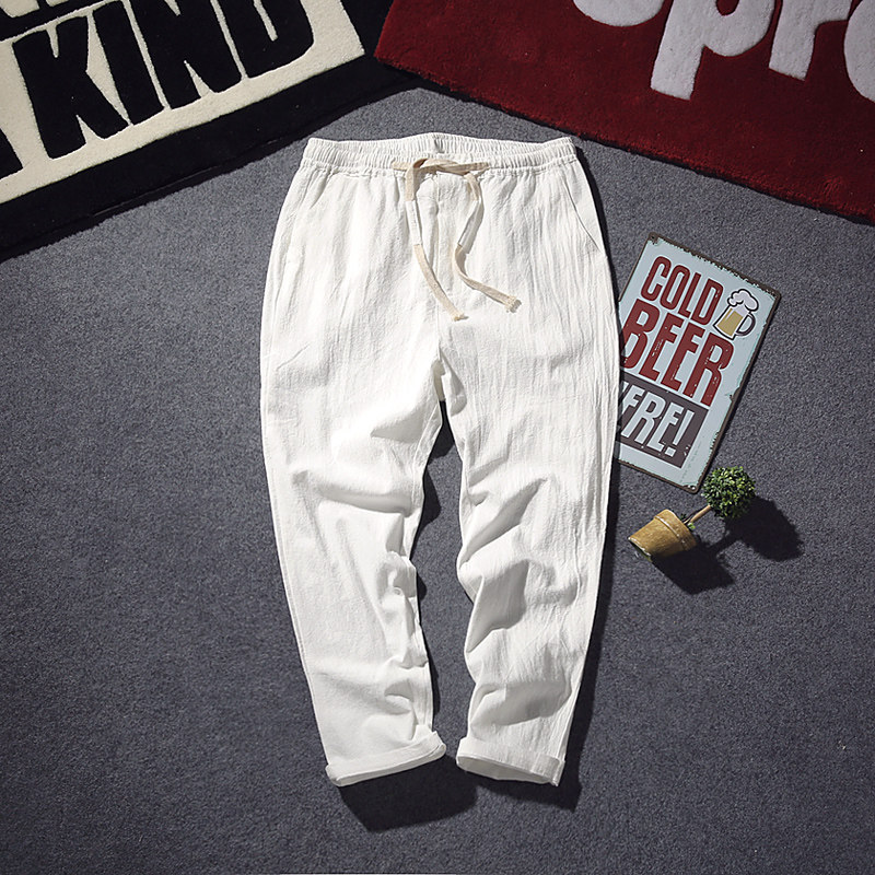 春夏季复古宽松抽绳中国风亚麻裤男直筒棉麻裤麻布料休闲长裤大码