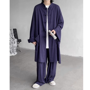 漢服亞麻道袍居士長衫 夏季 外套男唐裝 禪意馬褂茶服民國中山裝 長款