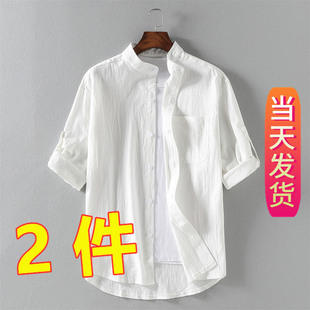 日系复古休闲痞帅立领衬衫 亚麻衬衣 男ins潮流春季 百搭纯色七分袖