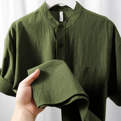日线户外山系复古宽松剪裁男士夏季纯色百搭立领短袖棉麻衬衫衬衣