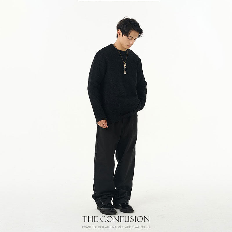THE CONFUSION LAB 黑色纯羊毛圈长款套头罩衫男秋冬宽松保暖毛衣