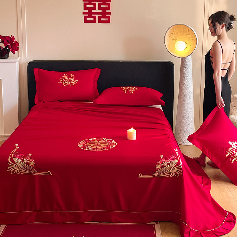 婚庆纯棉贡缎长绒棉床单三件套结婚红色全棉被单单件陪嫁龙凤刺绣