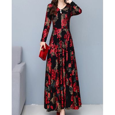 高档洋气中老年长款时尚裙子加绒加厚有口袋连衣裙女秋冬季连衣裙