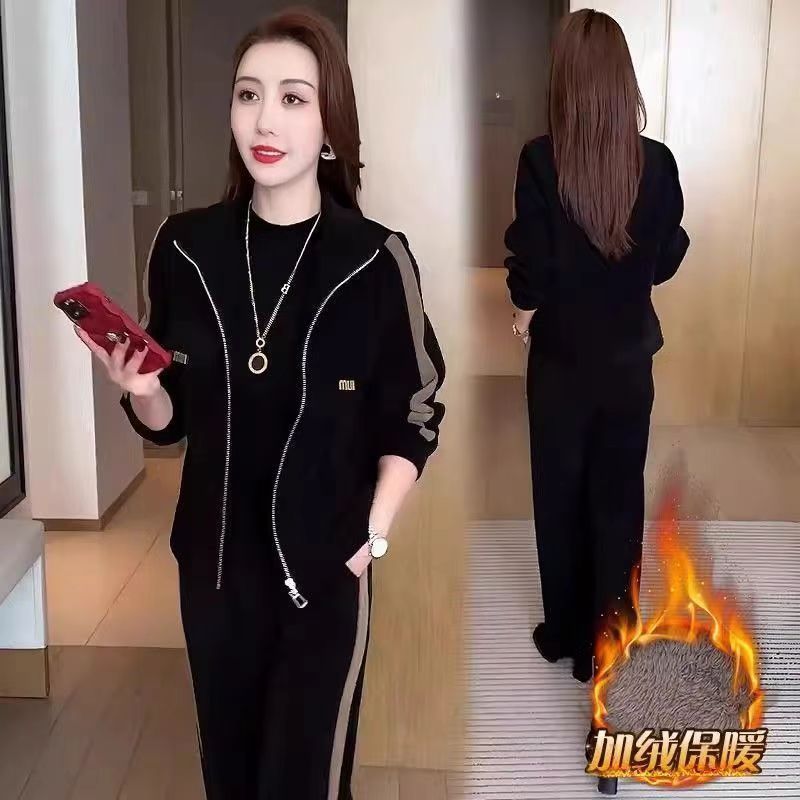 立领加绒外套女2025秋冬新款时尚拼接显瘦保暖运动服套装一整套装