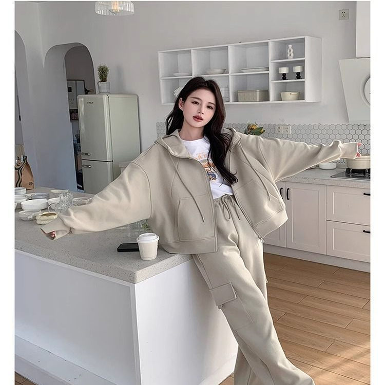 高级感休闲运动套装女春秋胖MM工装风卫衣卫裤两件套早秋两件套装