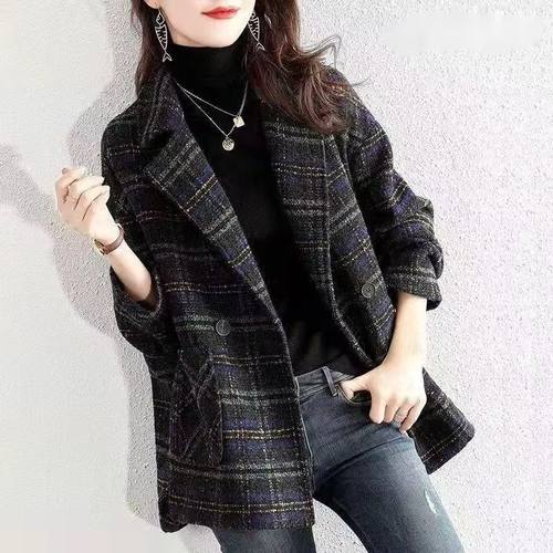 新款格子西装毛呢外套2025秋冬女韩版宽松复古格纹毛呢大衣中长款