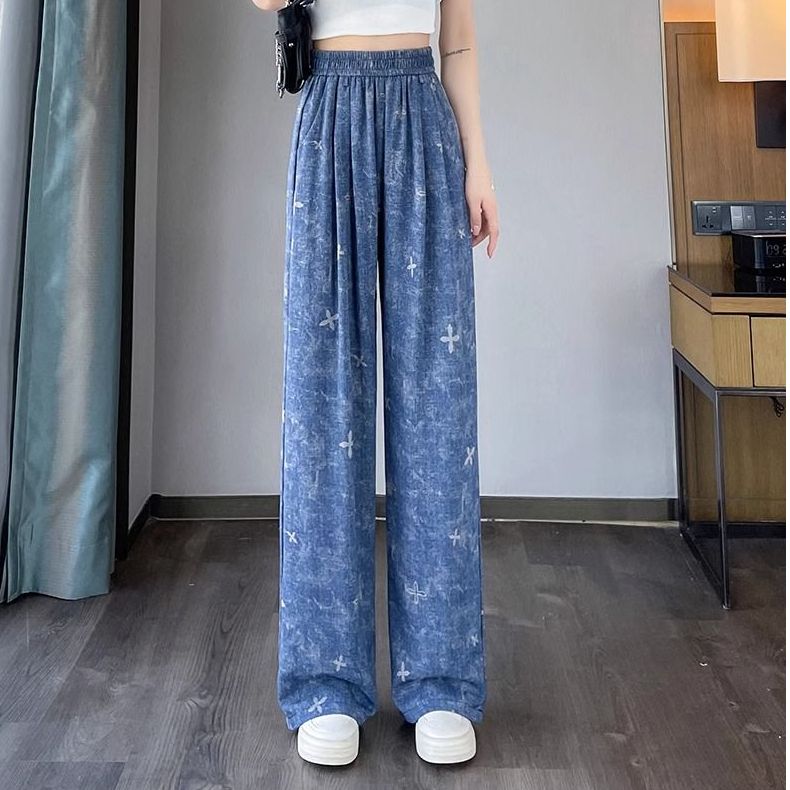 夏季时尚阔腿裤女薄款休闲高腰宽松大码垂感复古印花牛仔直筒裤子