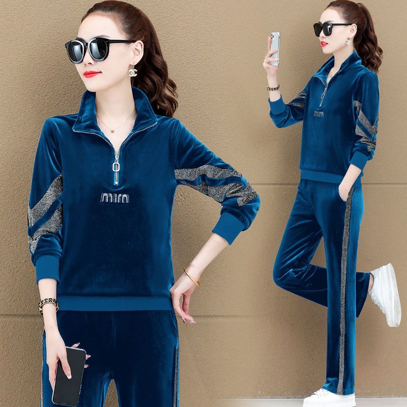 气质金丝绒运动服套装女2025春秋新款时尚立领减龄卫衣女装两件套