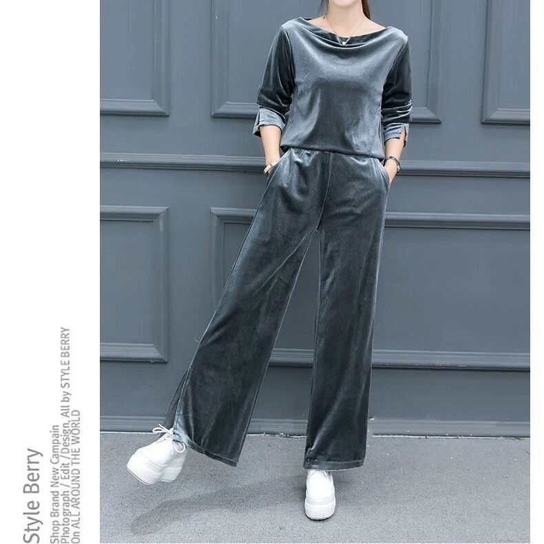 胖MM金丝绒运动服女春秋一字领宽松显瘦阔腿裤大码长袖休闲套装潮