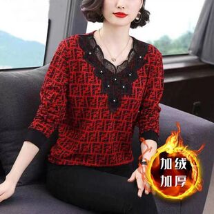 冬天高档宽松减龄小衫长袖上衣女秋冬季加绒蕾丝洋气打底衫卫衣潮