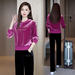 金丝绒运动服套装女2025秋季新款时尚休闲圆领卫衣阔腿裤两件套潮