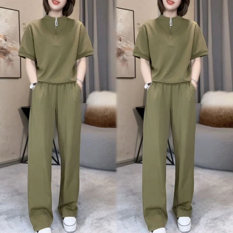 立领休闲运动套装女2025夏季新款时尚套装直筒裤宽松显瘦两件套潮