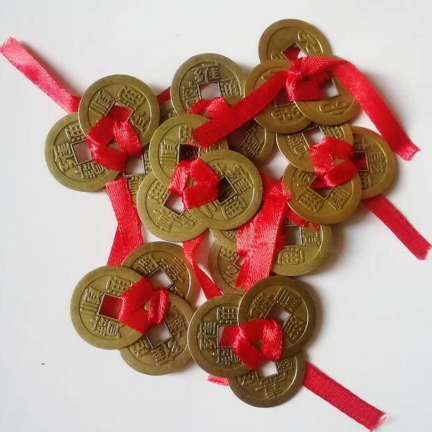 三易轩 手工红丝带编制三角三个铜钱结招财仿古合金钱 聚宝盆摆件
