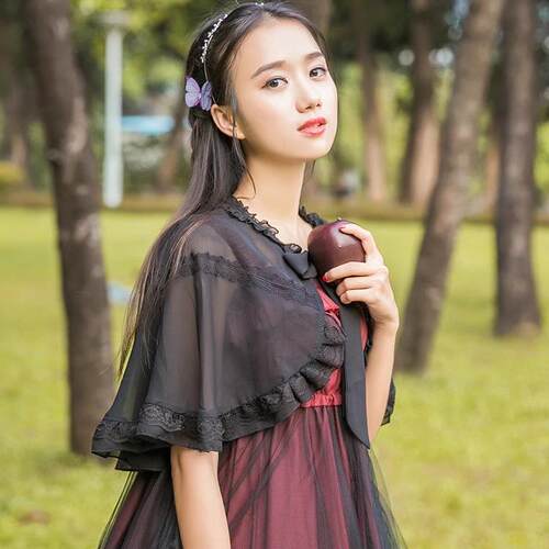 lolita斗篷黑色小披肩薄款罩纱lo裙外搭小坎肩蕾丝花边系带短开衫