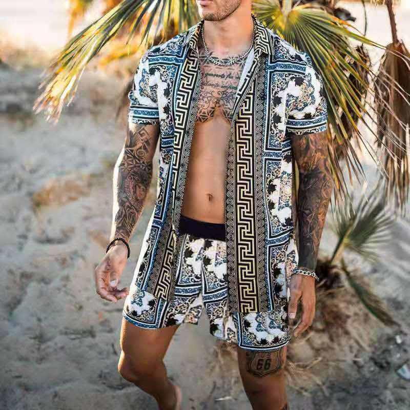 跨境沙滩风宽松衬衫夏威夷休闲套装男士印花两件套beach shirt。