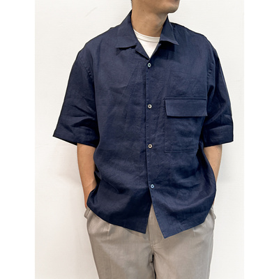 日本Still By Hand宽松方形剪裁法式亚麻立挺蓬松开领短袖衬衫