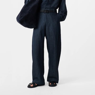 磨毛棉麻茧型透气牛仔长裤蓝染