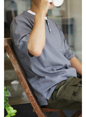 日本Tieasy HDCS船型领微宽松复古棉轻量款针织短袖亨利领T恤