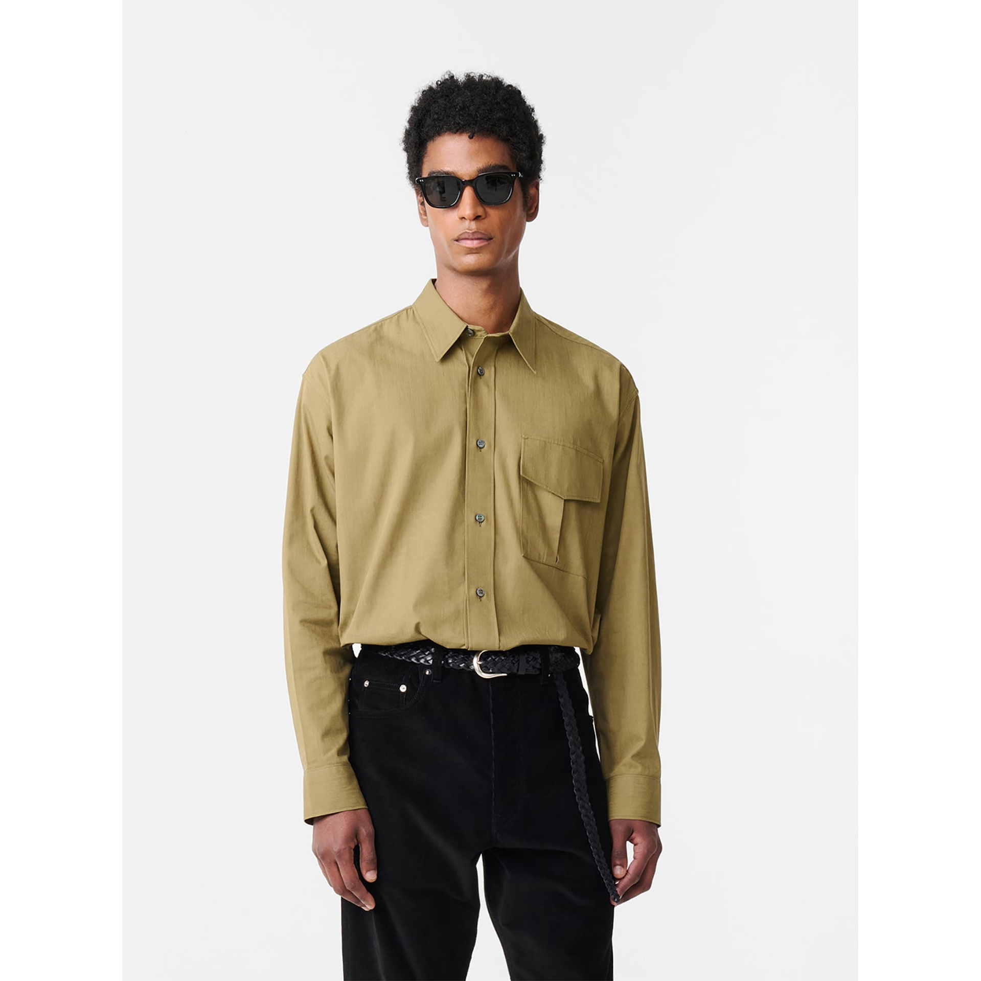 纹理工装双口袋军装长袖衬衫军绿