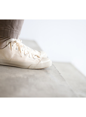 日本制PRAS久留米橡胶低帮纯色硫化系带柔软透气男女帆布鞋米白色