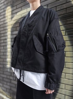 日本Product Twelve背緞布舒適微寬鬆多口袋抽繩飛行夾克外套黑色