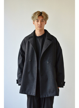 日本Kontor高密度高级毛呢宽松版中长款毛呢羊毛大衣外套黑色
