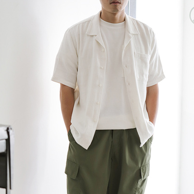 简约小方格织纹短袖夏季衬衫米白