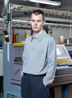 美国Lady White Co.纯棉松紧下摆按扣贴胸口袋长袖两扣polo衫雾蓝