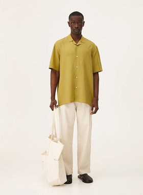 法国NOYOCO麻混纺凉爽透气宽松剪裁50年代夏威夷衬衫姜黄色