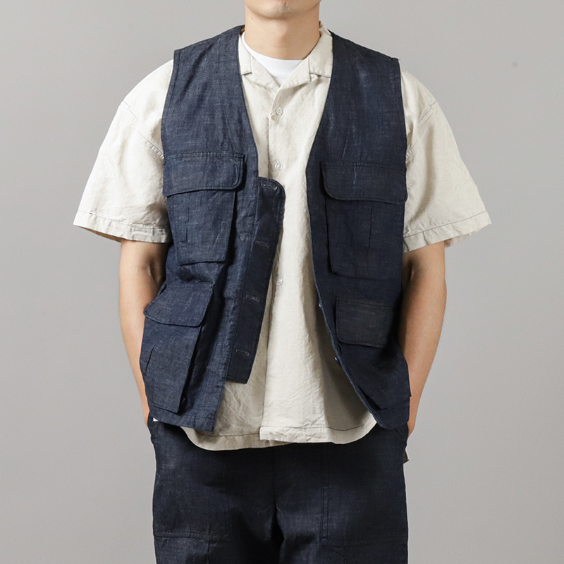 改良可正反穿蓝染排扣背心海军蓝