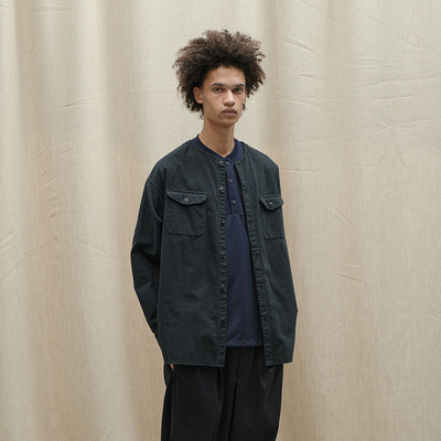 远州老织机无领口袋工装长袖衬衫