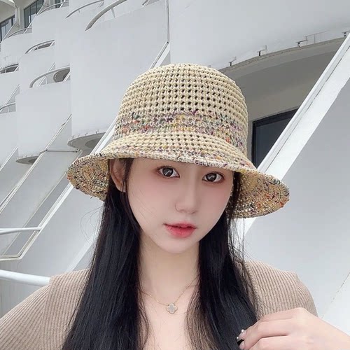 2025新款草编撞色条纹镂空渔夫帽女夏季宽檐防晒帽户外出游度假