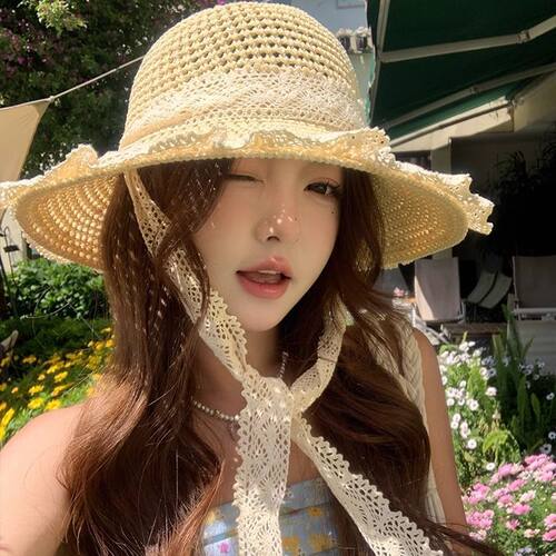 LOSIRE草帽ins草编帽女出游蕾丝沙滩太阳帽防晒海边帽子遮阳帽