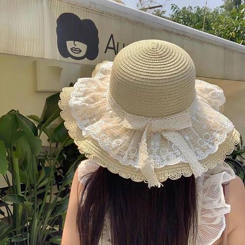 LOSIRE夏季海边沙滩户外草帽蕾丝蝴蝶结遮阳防晒帽防紫外线草帽子