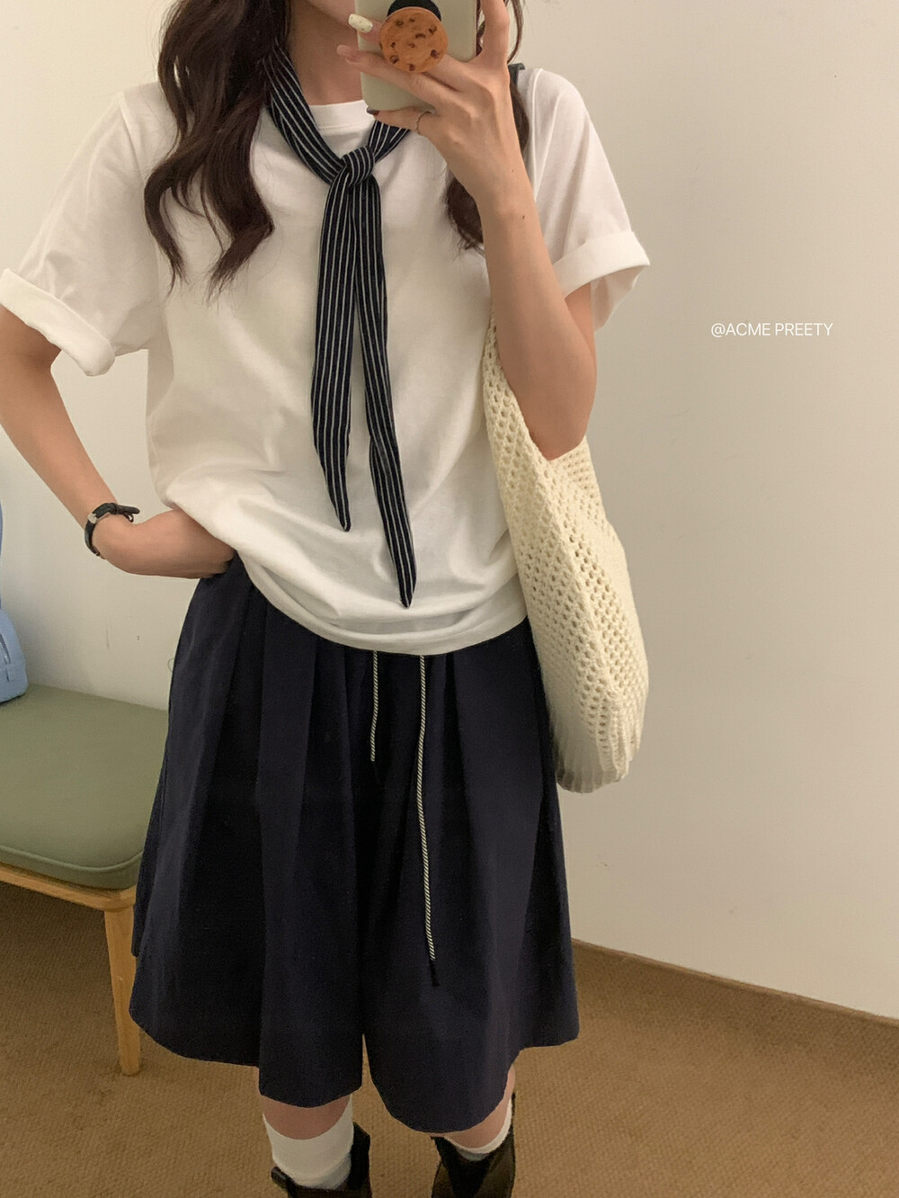 韩版2025夏季新款休闲百搭圆领宽松短袖T恤配水手条纹丝巾女上衣