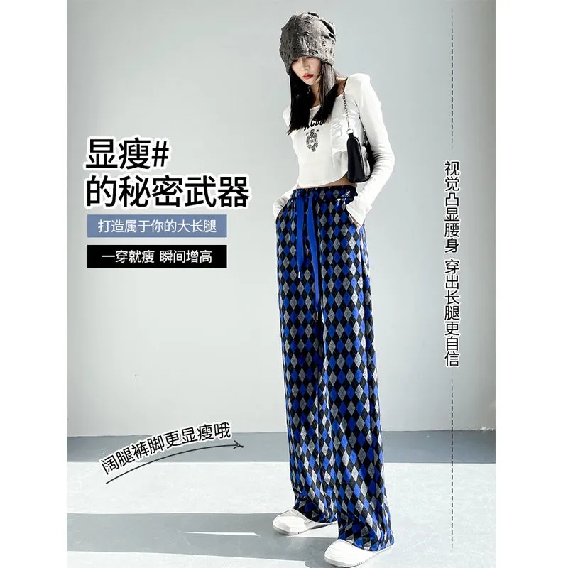 棋盘格阔腿裤女高腰垂感春季新款时尚设计感小众克莱因蓝拖地裤子|ruв категории Женская одежда, брюки, брюки - от Buy2taobao.com для оказания профессиональной услуги покупки агента Taobao
