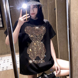 女装 2026春新款 t恤女短袖 尾货清仓100%纯棉金钻闪闪烫钻中长款