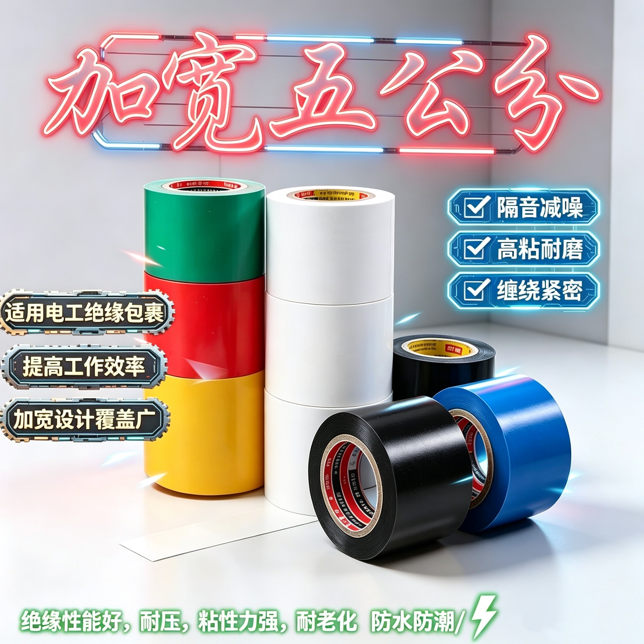 电工胶带加宽5公分PVC绝缘防水超粘耐高温管道维修包扎黑胶布彩色