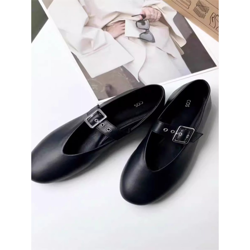 COS女鞋新款羊皮平底鞋玛丽珍鞋黑色小皮鞋 大码女鞋41  42  43