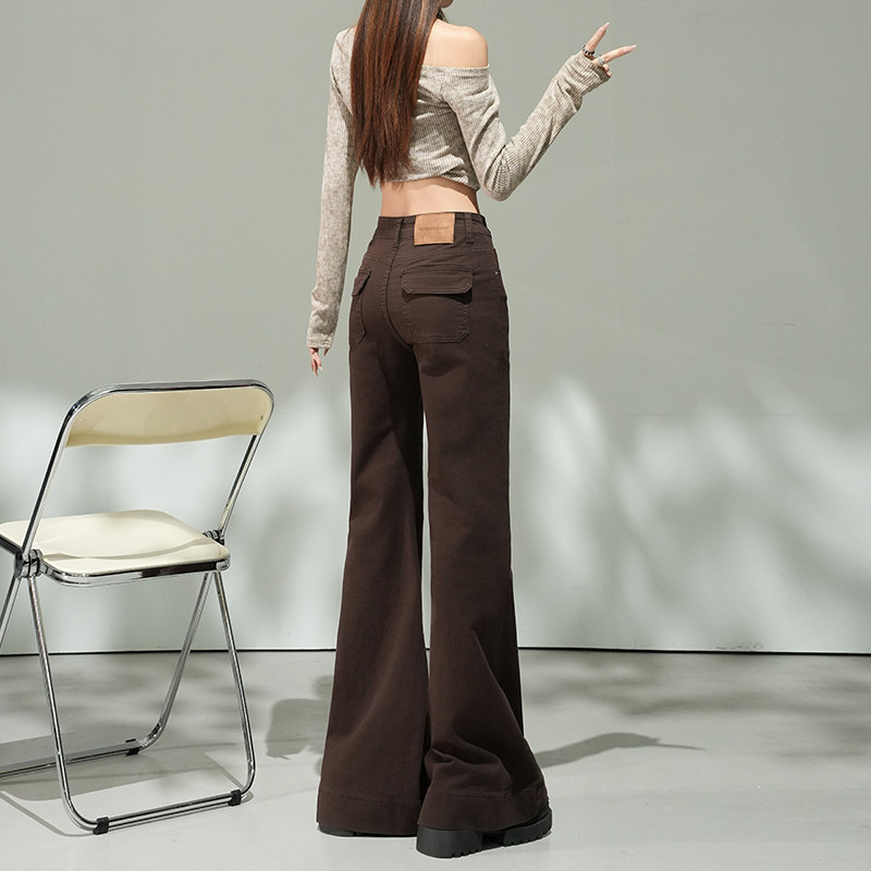 咖色复古港风微喇叭牛仔裤女2025秋冬加绒美式小个子梨形显瘦裤子