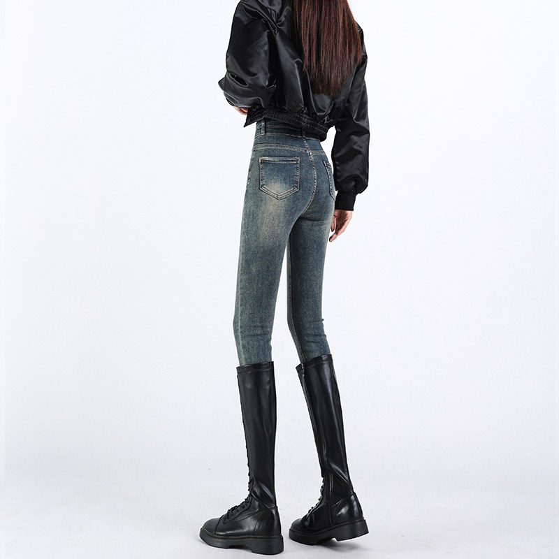 水泥灰高腰复古小脚牛仔裤女秋冬新款加绒铅笔裤紧身显瘦修身靴裤,女装/女士精品,牛仔裤,淘宝优惠券,粉丝福利购,淘宝优惠卷