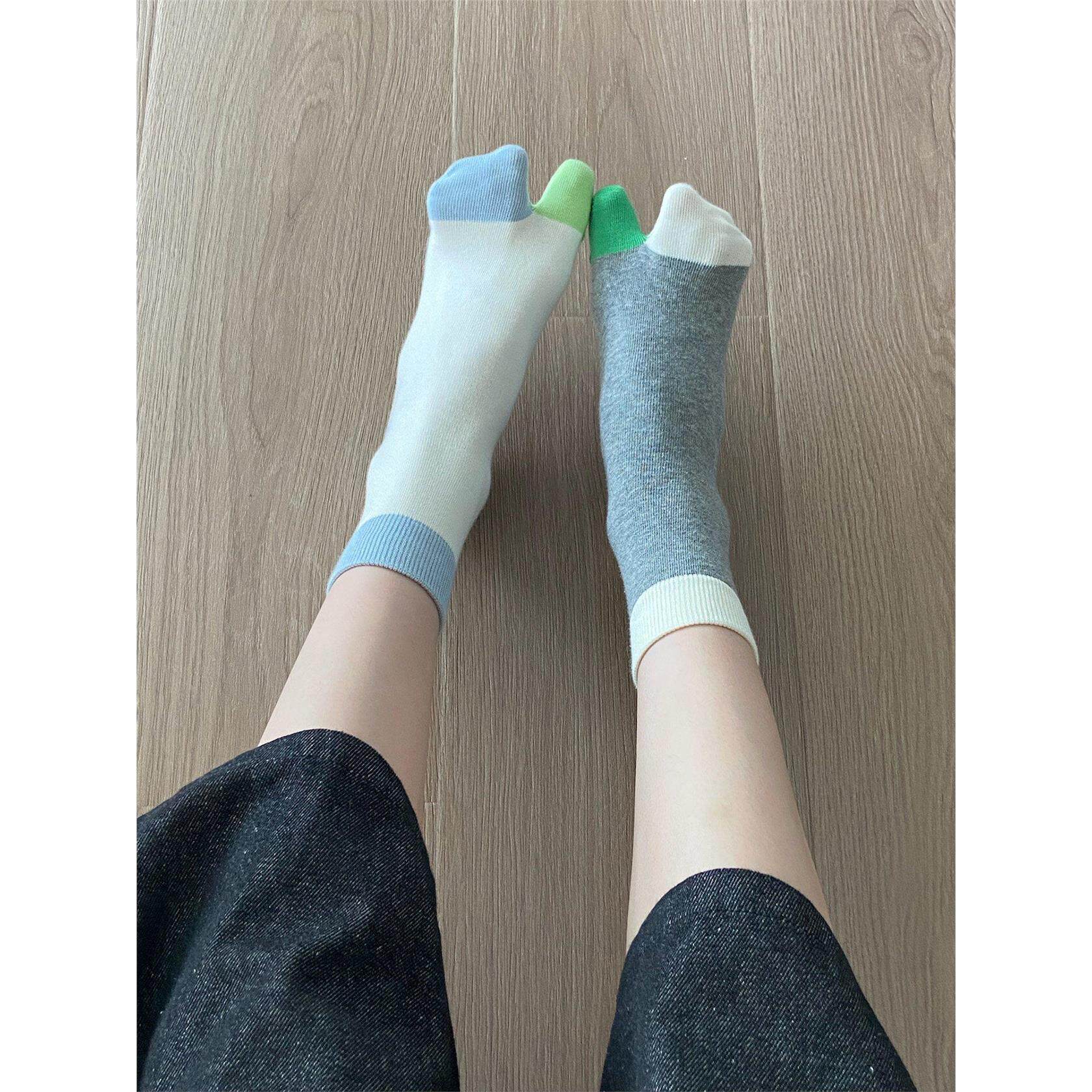 日系撞色分趾袜女秋季精梳棉中筒袜可爱美腿塑形五色套装