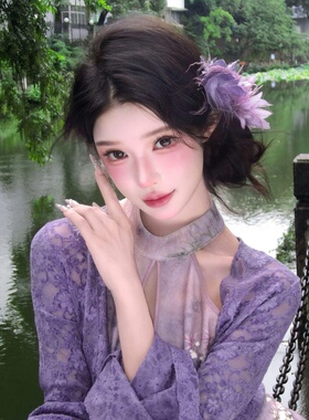 新中式紫色花朵发夹女仿真花侧边夹子发卡头饰拍照氛围感发饰头花