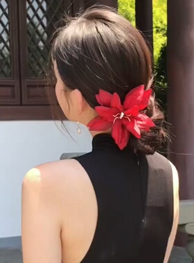 新中式红色百合花朵发夹