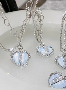 数小羊项链女少女心事蓝白色水晶爱心锁骨链高级感甜酷辣妹风配饰