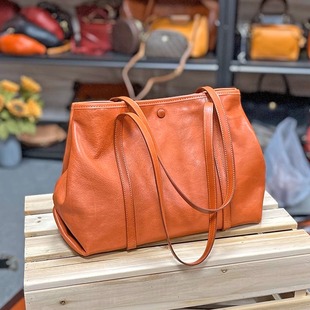 转山头层牛皮水染植鞣真皮通勤托特包可放14寸电脑软皮大容量单肩