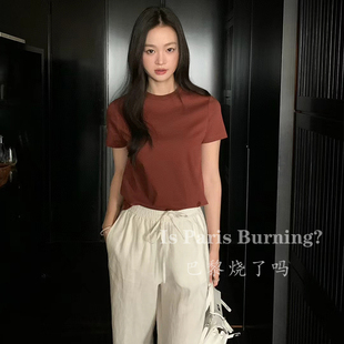 简约百搭罗纹针织圆领口纯色棉T恤女 OL风薄款 新款 短袖