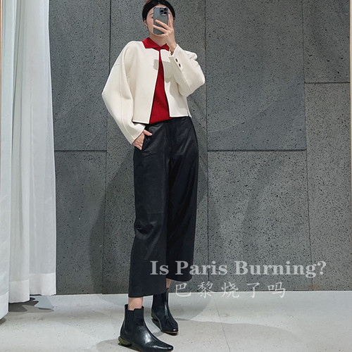 时髦百搭OL休闲极简羊皮阔腿黑色皮裤女