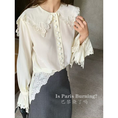 花瓣衬衫！春季新款桑蚕丝法式娃娃领蕾丝刺绣上衣衬衫女