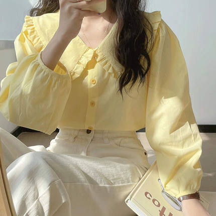 奶黄色长袖衬衫女春季chic法式复古娃娃领上衣设计感小众奶甜